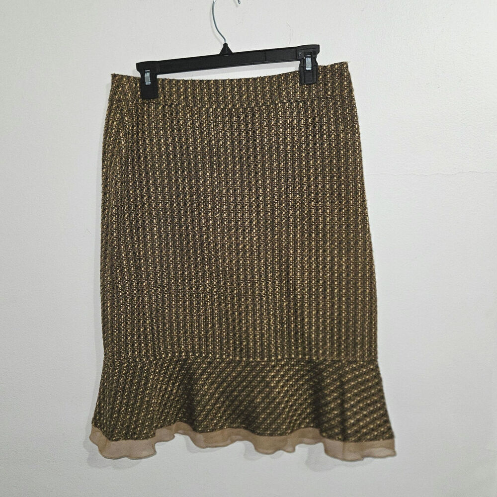 Womens Brown Tweed Ruffle High Rise Midi Skirt. Size 10